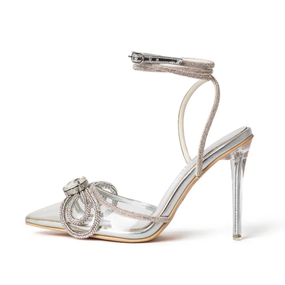 Ella Double Bow Clear Glass Slippers with Crystal Ankle Tie